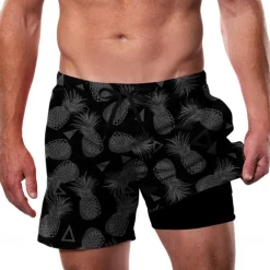Men's Coconut Tree Tropical Plants Lined Shorts 2 in 1 Board Shorts Swim Shorts Mid Waist Hawaiian Vacation Beach Wear Side Pockets With Compression Liner Elastic Drawstring Waist Designer Clothing