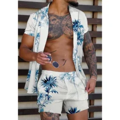 Men's Coconut Tree Tropical Plants 2pcs Shirts Sets Summer Hawaiian Shirt Short Sleeve Short Pants Turndown Tropical Fashion Hawaiian Street Casual Holiday Print Summer Spring Yellow Pink Blue