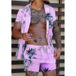 Men's Coconut Tree Tropical Plants 2pcs Shirts Sets Summer Hawaiian Shirt Short Sleeve Short Pants Turndown Tropical Fashion Hawaiian Street Casual Holiday Print Summer Spring Yellow Pink Blue