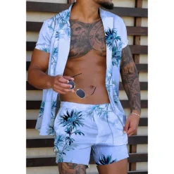 Men's Coconut Tree Tropical Plants 2pcs Shirts Sets Summer Hawaiian Shirt Short Sleeve Short Pants Turndown Tropical Fashion Hawaiian Street Casual Holiday Print Summer Spring Yellow Pink Blue