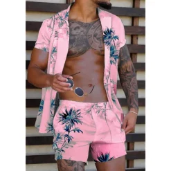 Men's Coconut Tree Tropical Plants 2pcs Shirts Sets Summer Hawaiian Shirt Short Sleeve Short Pants Turndown Tropical Fashion Hawaiian Street Casual Holiday Print Summer Spring Yellow Pink Blue