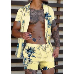 Men's Coconut Tree Tropical Plants 2pcs Shirts Sets Summer Hawaiian Shirt Short Sleeve Short Pants Turndown Tropical Fashion Hawaiian Street Casual Holiday Print Summer Spring Yellow Pink Blue