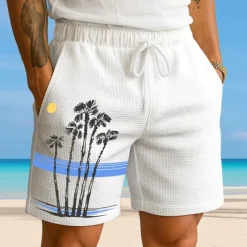 Men's Coconut Tree Tropical Plants Waffle Shorts Sweat Shorts Casual Shorts Mid Waist Fashion Casual Vacation Jogging Workout Elastic Drawstring Waist Shorts with Pockets Designer Clothing Apparel