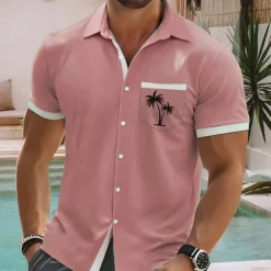 Men's Coconut Tree Tropical Plants Summer Hawaiian Shirt Button Up Shirt Aloha Shirt Short Sleeve Hawaiian Holiday Beach Wear Summer Spring Turndown 3D Print Collared Shirts Front One Pocket Pink