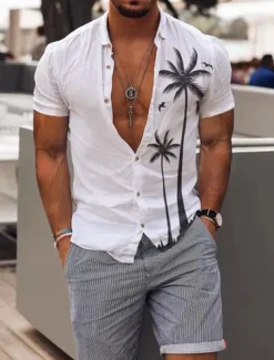 Men's Coconut Tree Tropical Plants Summer Hawaiian Shirt Aloha Shirt Short Sleeve Shirt Turndown Fashion Comfortable Vacation Casual Daily White Blue Khaki S M L