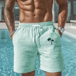 Men's Coconut Tree Tropical Plants Waffle Shorts Sweat Shorts Casual Shorts Mid Waist Fashion Casual Vacation Jogging Workout Elastic Drawstring Waist Shorts with Pockets Designer Clothing Apparel