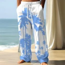 Men's Coconut Tree Tropical Plants Trousers Baggy Pants Casual Pants Mid Waist Hawaiian Vacation Holiday Beach Wear Elastic Waist Wide Leg Drawstring Summer Spring 3D Print Black Blue Green