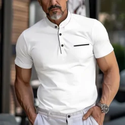 Men's Collarless Golf Shirts Banded Collar Shirt Work Business Stand Collar Mandarin Collar Short Sleeve Fashion Basic Solid Color Plain Button Summer Regular Fit Navy Black White Burgundy Collarless