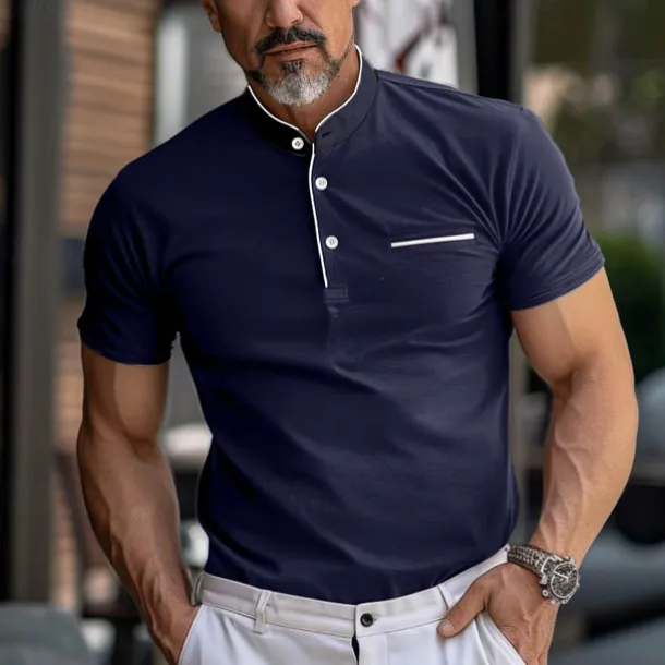 Men's Collarless Golf Shirts Banded Collar Shirt Work Business Stand Collar Mandarin Collar Short Sleeve Fashion Basic Solid Color Plain Button Summer Regular Fit Navy Black White Burgundy Collarless