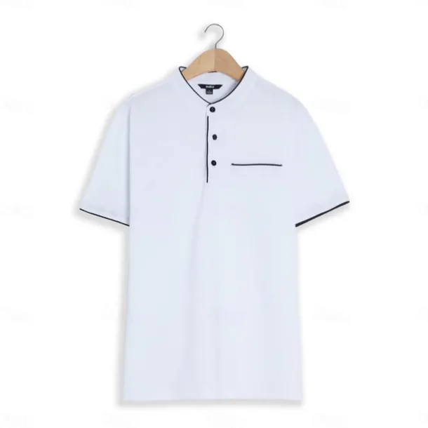 Men's Collarless Golf Shirts Banded Collar Shirt Work Business Stand Collar Mandarin Collar Short Sleeve Fashion Basic Solid Color Plain Button Summer Regular Fit Navy Black White Burgundy Collarless
