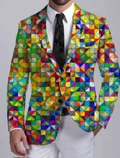 Men's Color Block Colorful Long Sleeve Turndown Business Abstract Work Wear to work Going out Buttons Print Multi Pocket