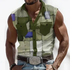 Men's Color Block Denim-like Shirt Western Shirt Cowboy Shirt Sleeveless Western Style Outdoor Work Causal Summer Spring Turndown 3D Print Front Two Pockets Button Up Shirts Blue Brown Green