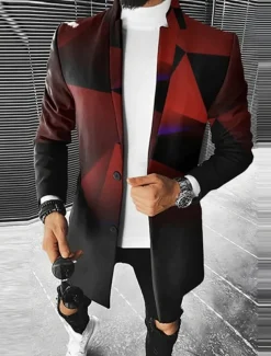 Men's Color Block Geometry Winter Coat Overcoat Coat Warm Breathable Comfortable Fashion Streetwear Business Work Wear to work Going out Pocket Print Fall & Winter Turndown Long Sleeve Red Burgundy