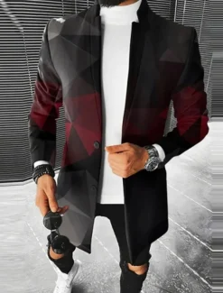 Men's Color Block Geometry Winter Coat Overcoat Coat Warm Breathable Comfortable Fashion Streetwear Business Work Wear to work Going out Pocket Print Fall & Winter Turndown Long Sleeve Red Burgundy