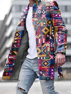 Men's Color Block Graphic Prints Geometry Winter Coat Overcoat Coat Warm Breathable Comfortable Fashion Streetwear Business Work Wear to work Going out Pocket Print Fall & Winter Turndown Long Sleeve