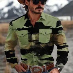 Men's Color Block Marble Western Shirt Cowboy Shirt Long Sleeve Western Casual Causal Spring Fall Turndown 2 Pockets Yellow Blue Green