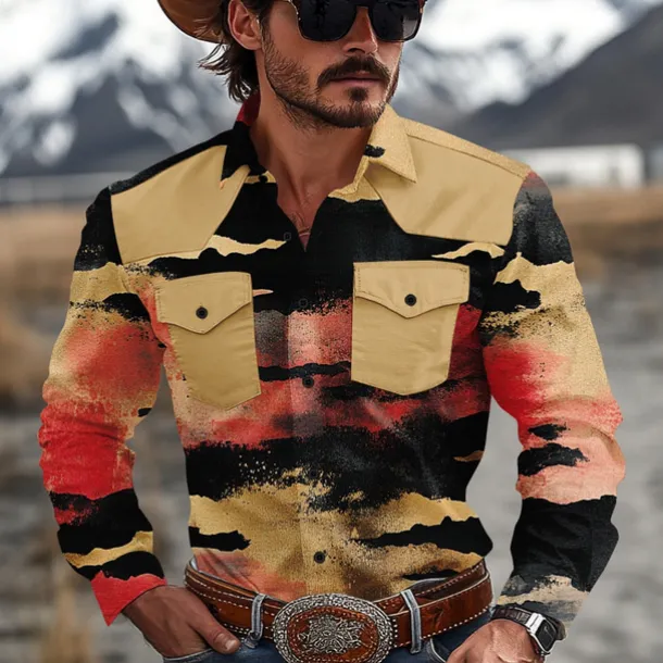 Men's Color Block Marble Western Shirt Cowboy Shirt Long Sleeve Western Casual Causal Spring Fall Turndown 2 Pockets Yellow Blue Green