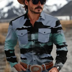 Men's Color Block Marble Western Shirt Cowboy Shirt Long Sleeve Western Casual Causal Spring Fall Turndown 2 Pockets Yellow Blue Green
