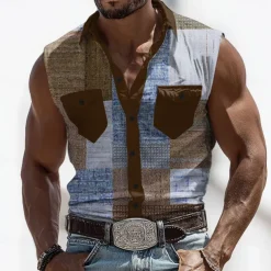 Men's Color Block Patchwork Shirt Western Shirt Cowboy Shirt Sleeveless Western Style Outdoor Work Causal Summer Spring Turndown 3D Print Front Two Pockets Button Up Shirts Army Green Blue Brown