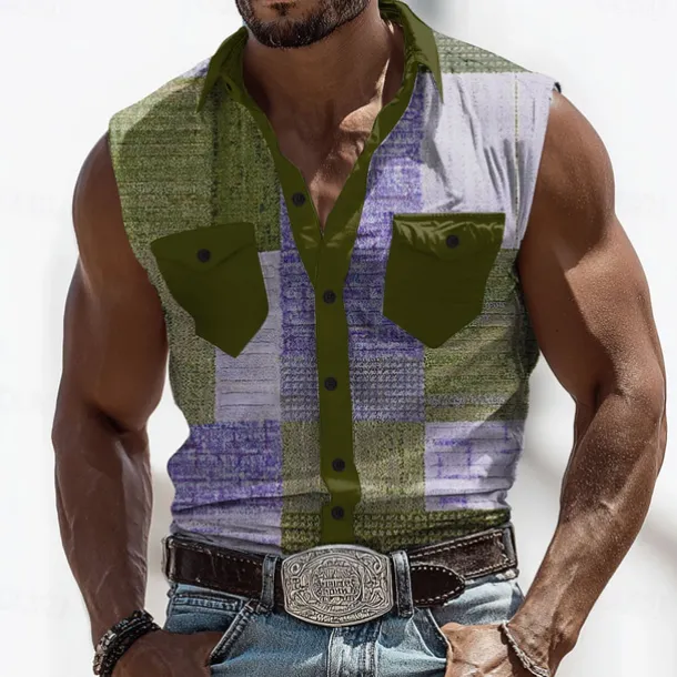 Men's Color Block Patchwork Shirt Western Shirt Cowboy Shirt Sleeveless Western Style Outdoor Work Causal Summer Spring Turndown 3D Print Front Two Pockets Button Up Shirts Army Green Blue Brown