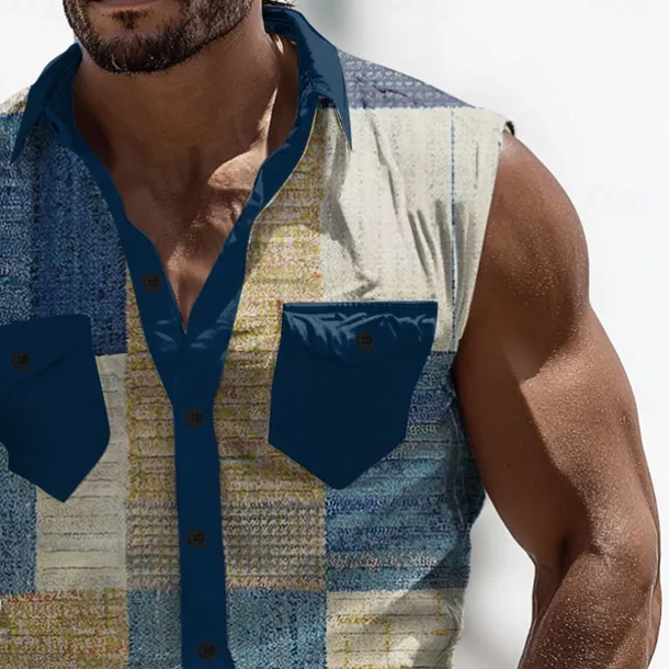 Men's Color Block Patchwork Shirt Western Shirt Cowboy Shirt Sleeveless Western Style Outdoor Work Causal Summer Spring Turndown 3D Print Front Two Pockets Button Up Shirts Army Green Blue Brown