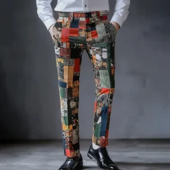 Men's Color Block Patchwork Dress Pants Trousers Suit Pants Mid Waist Vintage Retro Vacation Casual Regular Fit Flat-Front Straight Leg Pants with Pockets Summer Spring Fall 3D Print Blue Orange