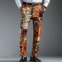 Men's Color Block Patchwork Dress Pants Trousers Suit Pants Mid Waist Vintage Retro Vacation Casual Regular Fit Flat-Front Straight Leg Pants with Pockets Summer Spring Fall 3D Print Blue Orange