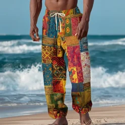 Men's Color Block Patchwork Ethnic Trousers Baggy Pants Casual Pants Mid Waist Vintage Retro Outdoor Vacation Elastic Drawstring Waist Linen-Like Pants with Pockets Summer Spring Fall 3D Print Yellow