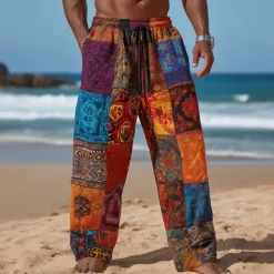 Men's Color Block Patchwork Ethnic Trousers Baggy Pants Casual Pants Mid Waist Vintage Retro Outdoor Vacation Elastic Drawstring Waist Linen-Like Pants with Pockets Summer Spring Fall 3D Print Yellow