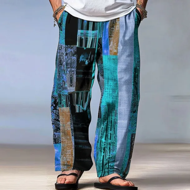 Men's Color Block Patchwork Pants Trousers Mid Waist Drawstring Elastic Waist Hawaiian Casual Outdoor Party Evening Wear Holiday Straight Leg Trousers Summer Spring Fall 3D Print Red Blue Green