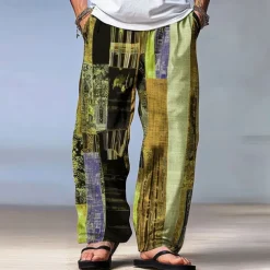 Men's Color Block Patchwork Pants Trousers Mid Waist Drawstring Elastic Waist Hawaiian Casual Outdoor Party Evening Wear Holiday Straight Leg Trousers Summer Spring Fall 3D Print Red Blue Green