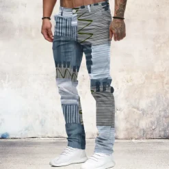 Men's Color Block Patchwork Jeans Dress Pants Mid Waist Business Casual Formal Outdoor Home Zipper Pocket Summer Spring Fall 3D Print Blue