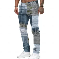 Men's Color Block Patchwork Jeans Dress Pants Mid Waist Business Casual Formal Outdoor Home Zipper Pocket Summer Spring Fall 3D Print Blue