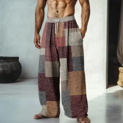 Men's Color Block Patchwork Pants Trousers Mid Waist Drawstring Elastic Waist Hawaiian Casual Outdoor Vacation Holiday Straight Leg Trousers Summer Spring Fall 3D Print Yellow Red Blue