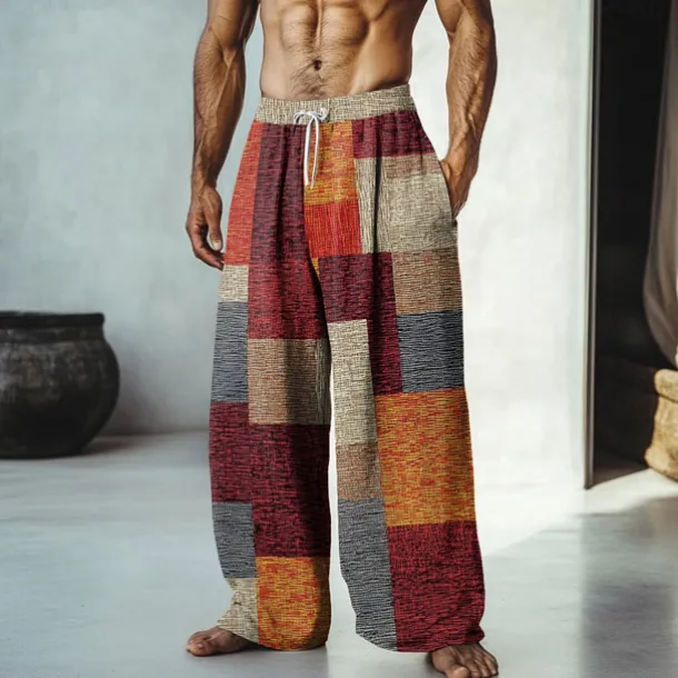 Men's Color Block Patchwork Pants Trousers Mid Waist Drawstring Elastic Waist Hawaiian Casual Outdoor Vacation Holiday Straight Leg Trousers Summer Spring Fall 3D Print Yellow Red Blue