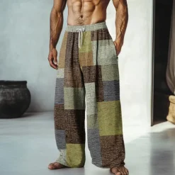 Men's Color Block Patchwork Pants Trousers Mid Waist Drawstring Elastic Waist Hawaiian Casual Outdoor Vacation Holiday Straight Leg Trousers Summer Spring Fall 3D Print Yellow Red Blue