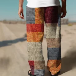 Men's Color Block Patchwork Pants Trousers Mid Waist Drawstring Elastic Waist Hawaiian Casual Outdoor Vacation Holiday Straight Leg Trousers Summer Spring Fall 3D Print Yellow Red Blue