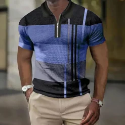 Men's Color Block Striped Graphic Prints Geometry Polo Shirt Zip Polo Golf Shirt Short Sleeve Shirt Turndown Outdoor Street Lake blue Yellow Blue Green Gray Zipper Print Clothing Apparel Fashion