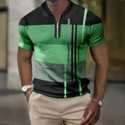 Men's Color Block Striped Graphic Prints Geometry Polo Shirt Zip Polo Golf Shirt Short Sleeve Shirt Turndown Outdoor Street Lake blue Yellow Blue Green Gray Zipper Print Clothing Apparel Fashion