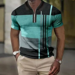 Men's Color Block Striped Graphic Prints Geometry Polo Shirt Zip Polo Golf Shirt Short Sleeve Shirt Turndown Outdoor Street Lake blue Yellow Blue Green Gray Zipper Print Clothing Apparel Fashion