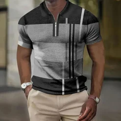 Men's Color Block Striped Graphic Prints Geometry Polo Shirt Zip Polo Golf Shirt Short Sleeve Shirt Turndown Outdoor Street Lake blue Yellow Blue Green Gray Zipper Print Clothing Apparel Fashion