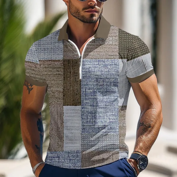 Men's Color Block Zip Polo Shirts Short Sleeve Polo Shirts Lapel Business Casual Outdoor Athleisure 3D Print Summer Blue Green Gray