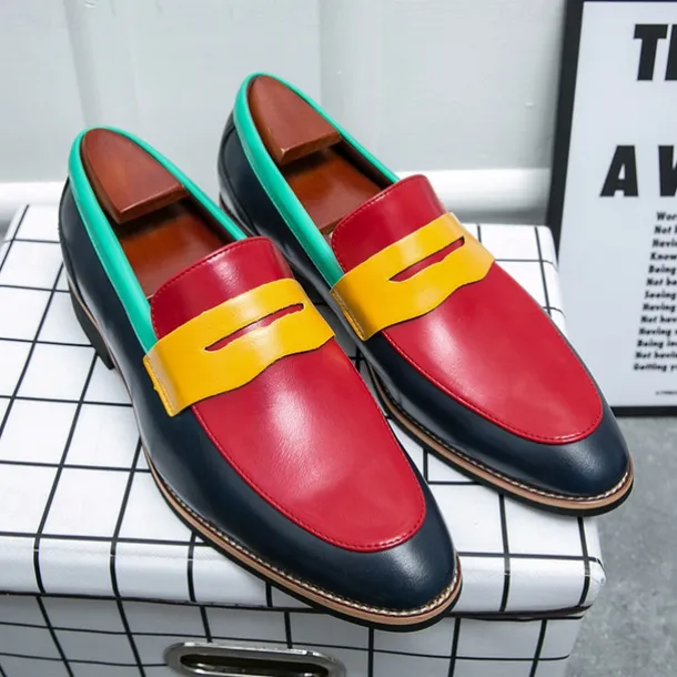 Men's Colorful Faux Leather Loafers - Red, Green, and Yellow Design with Modern Slip-On Style for Casual and Formal Occasions