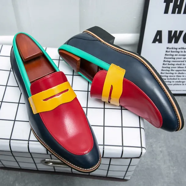 Men's Colorful Faux Leather Loafers - Red, Green, and Yellow Design with Modern Slip-On Style for Casual and Formal Occasions