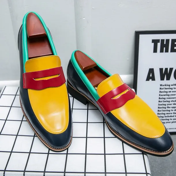 Men's Colorful Faux Leather Loafers - Red, Green, and Yellow Design with Modern Slip-On Style for Casual and Formal Occasions