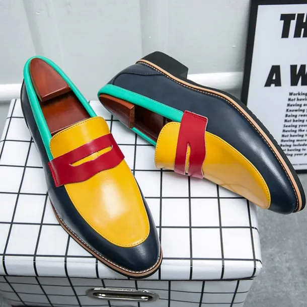 Men's Colorful Faux Leather Loafers - Red, Green, and Yellow Design with Modern Slip-On Style for Casual and Formal Occasions