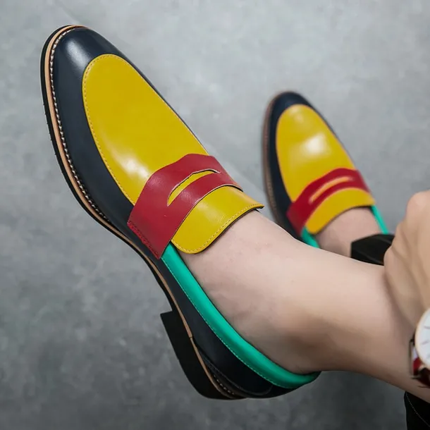 Men's Colorful Faux Leather Loafers - Red, Green, and Yellow Design with Modern Slip-On Style for Casual and Formal Occasions