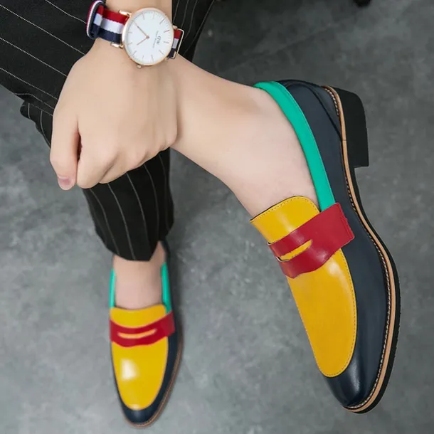 Men's Colorful Faux Leather Loafers - Red, Green, and Yellow Design with Modern Slip-On Style for Casual and Formal Occasions