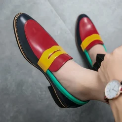 Men's Colorful Faux Leather Loafers - Red, Green, and Yellow Design with Modern Slip-On Style for Casual and Formal Occasions