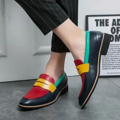 Men's Colorful Faux Leather Loafers - Red, Green, and Yellow Design with Modern Slip-On Style for Casual and Formal Occasions